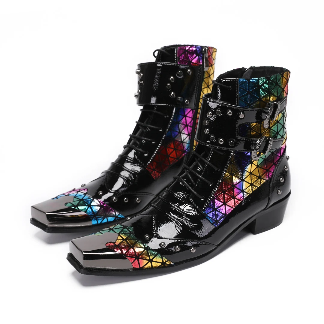 

Luxury Multicolor Sequins Men Square Toe Ankle Boots Business Large Size Formal Leather Shoes Man Wedding Nightclub Party Boots