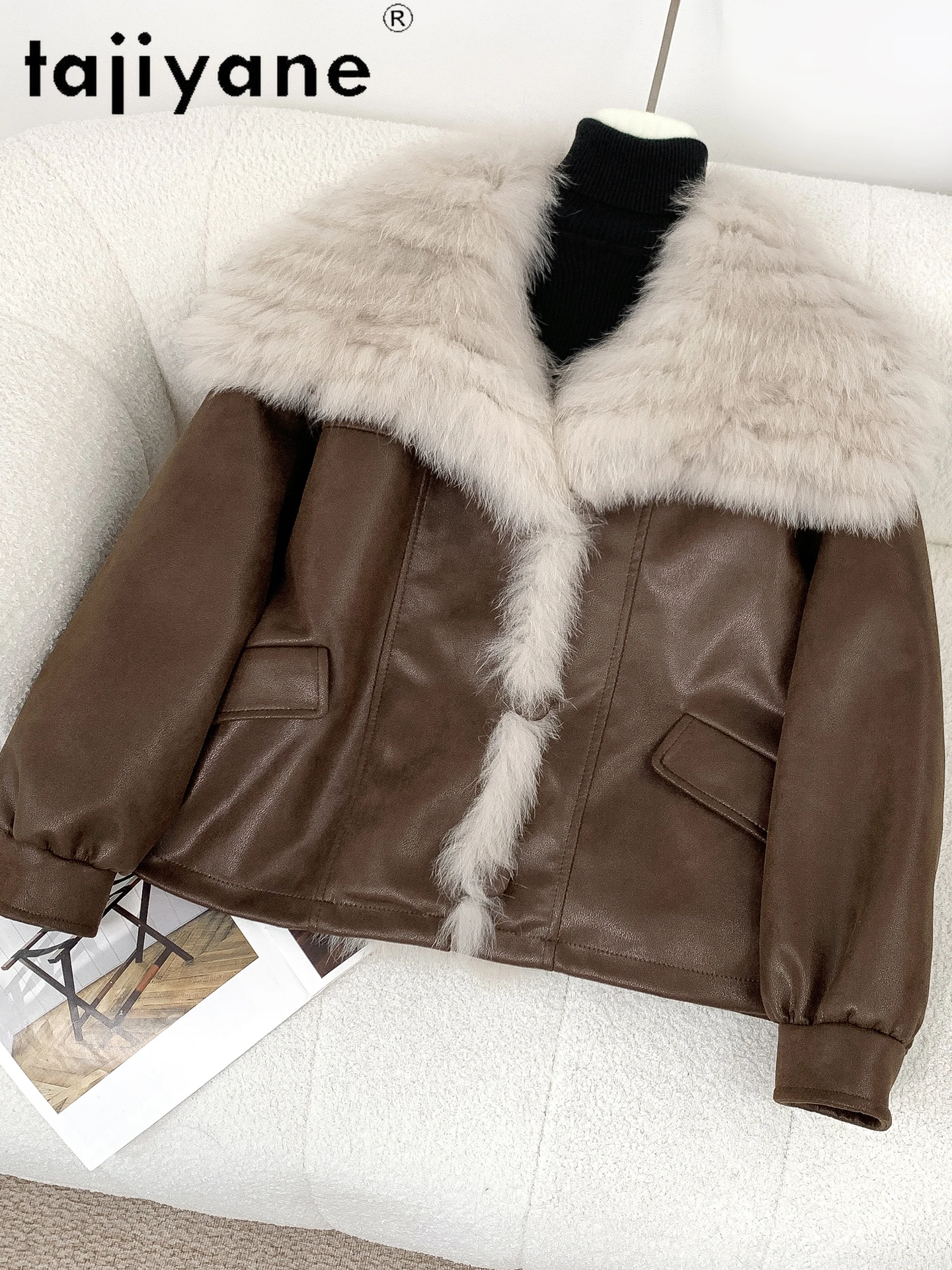 TAJIYANE أوزة أسفل معاطف النساء شيك الثعلب الفراء طوق سترات من جلد الغزال قسط الإناث ملابس خارجية الشتاء ملابس امرأة 2025 ropa mujer