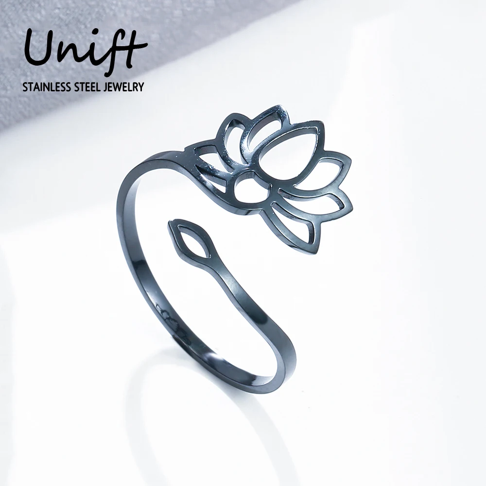 Unift Hindu Yoga Lotus Flower Ring Seed of Life Adjustable Stainless Steel Rings for Women Men Vintage Buddha Jewelry Wholesale