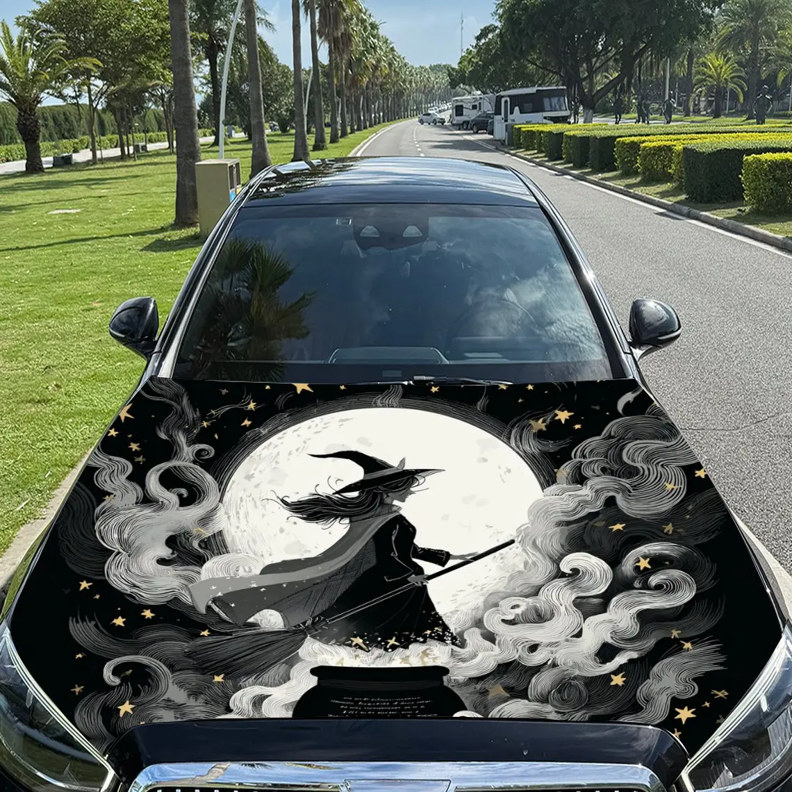 

Волшебная ведьма со звездами, луной и облаками, автомобильная виниловая пленка, водонепроницаемая наклейка на капот автомобиля из ПВХ, самоклеящаяся устойчивая к царапинам