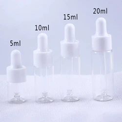 50 unids/lote botellas de aceite esencial de vidrio transparente 5ml 10ml 15ml 20ml frascos cuentagotas viales con pipeta para Perfume cosmético