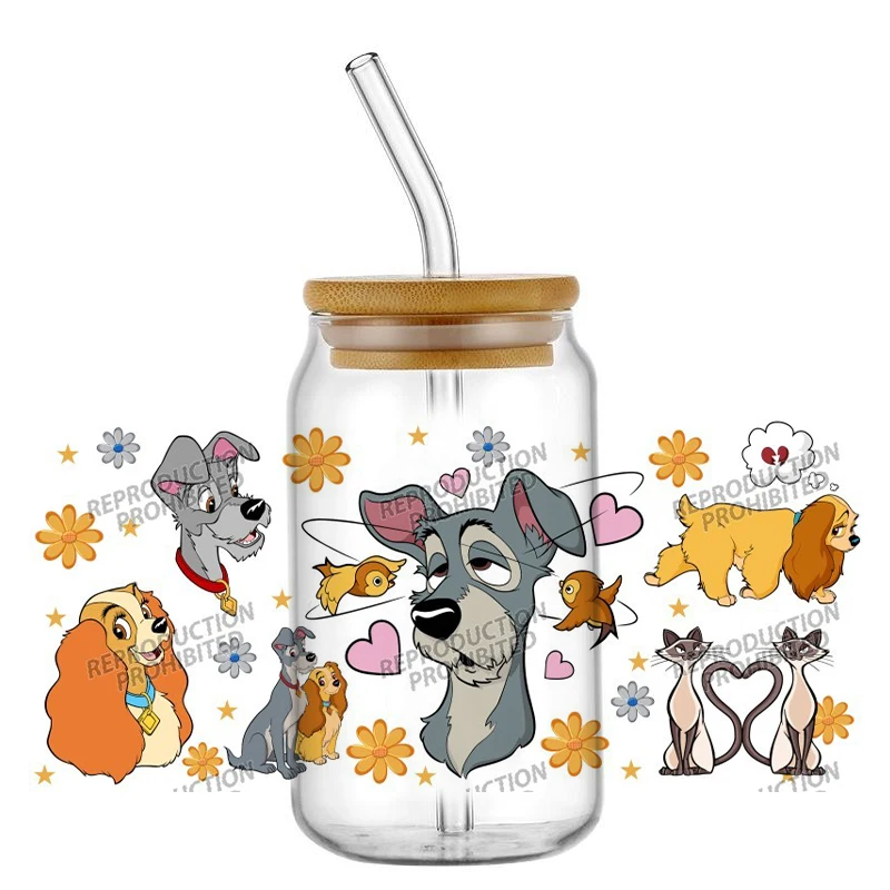 Hotsale Famous Cartoon Lovely Lady Tramp 16oz UV DTF 3D Transfer Phone Sticker Decals Wraps Glass Can Cups Creative Craft DIY
