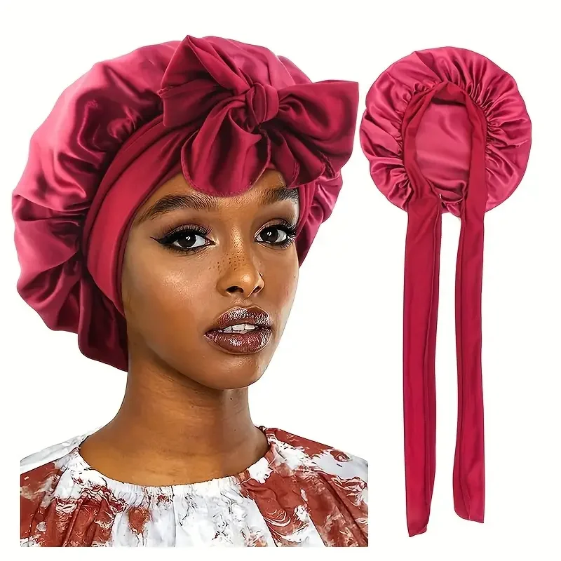Bow Decor Tieable Satin Bonnet Women Silk Sleeping Cap Soft Hair Cover For Curly Natural Long Braided Hair