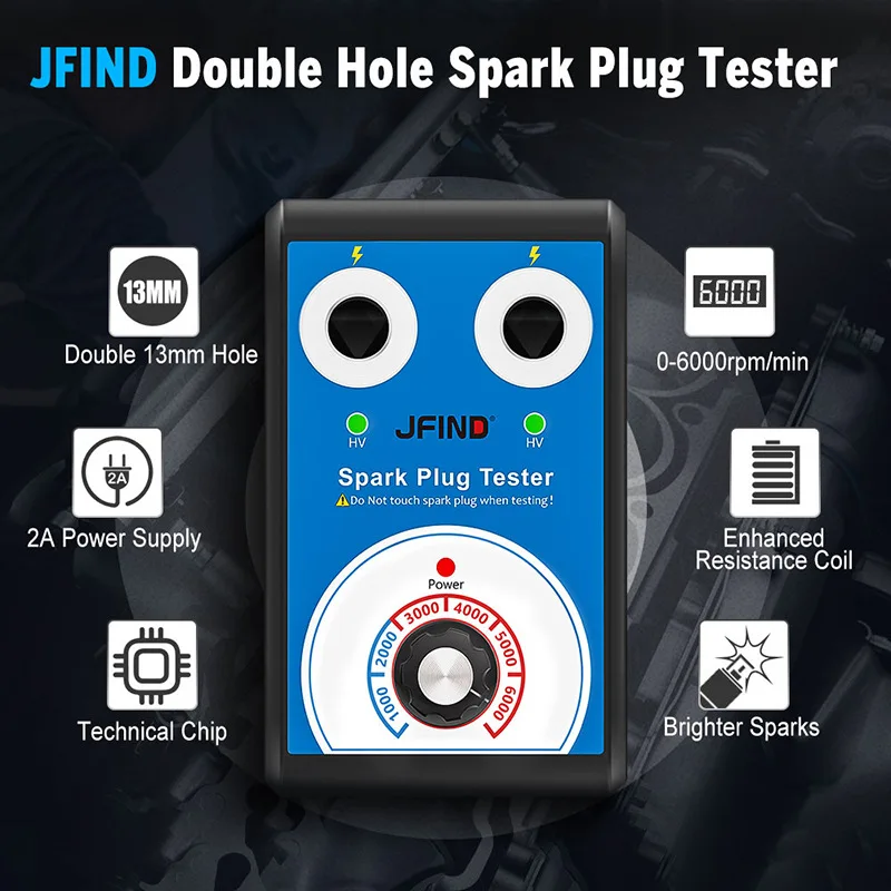 Jfind jf109 13mm buraco duplo carro motocicleta testador de vela de ignição automática 110v 220v a 12v detector automotivo ferramentas analisadoras de ignição