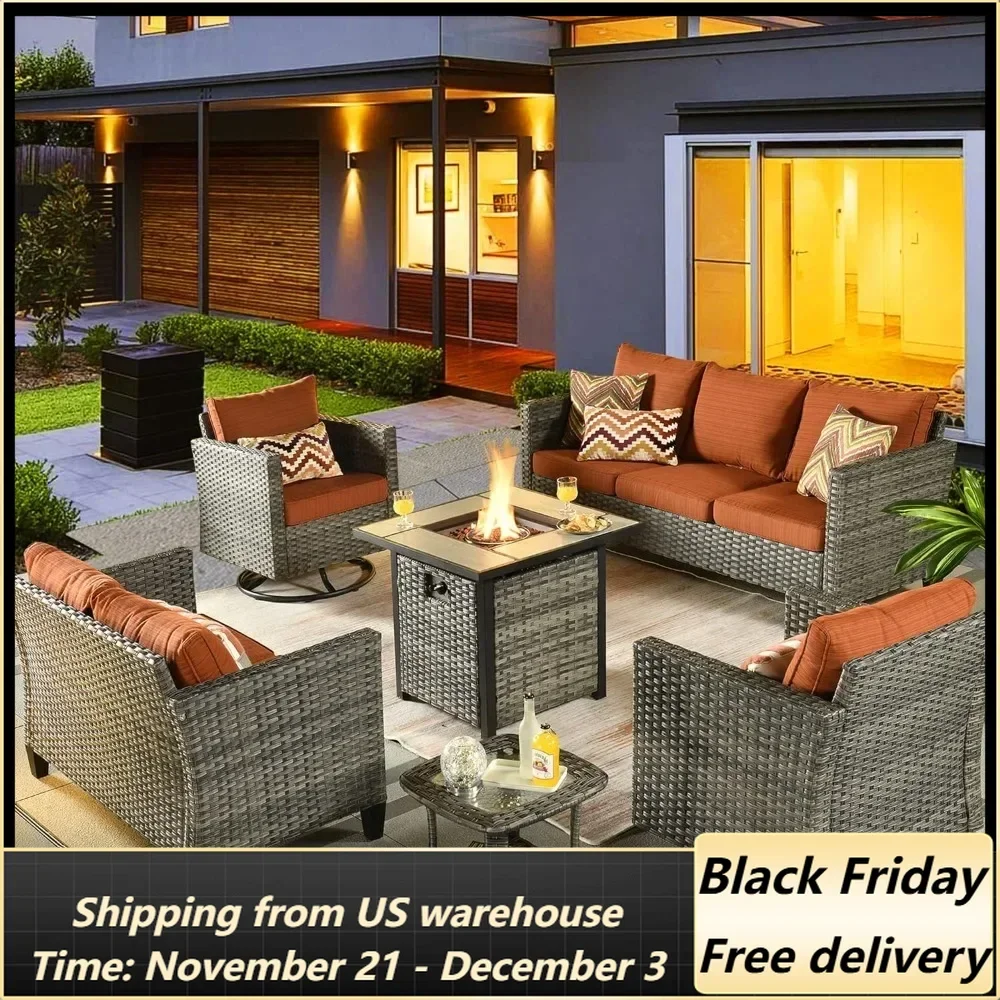 Outdoor Sofa Set of 6 with Rocking Swivel Chairs, Loveseat, Square Fire Pit Table, Patio Furniture Set