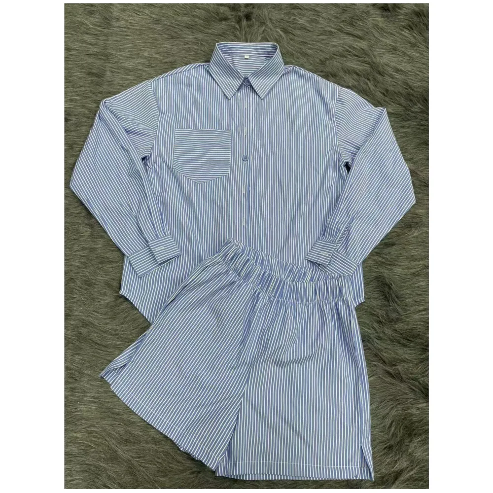 

Fashion Striped Printed Shirt Long-sleeved Women's Shorts 2-piece Set New Summer Casual Loose Vacation Female Seaside Shorts Set
