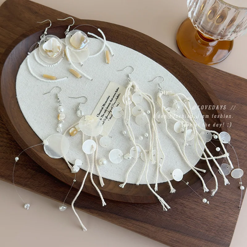 Beach Vacation Shell Tassel Earrings Women Long Elegant Unique Designer Travel Jewelry Statement Dangle Ear Hooks Hypoallergenic