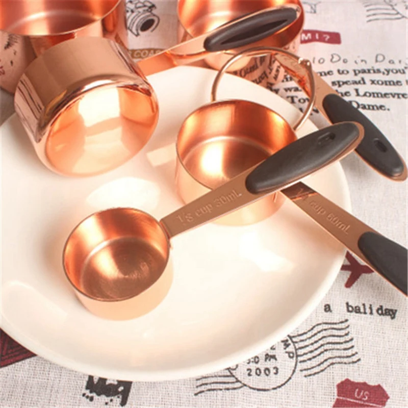 

Set Of 5 Stainless Steel Acacia Rose Gold Measuring Cups With Wooden Handles, Gorgeous And Durable, Mirror Polished, Suitable Fo