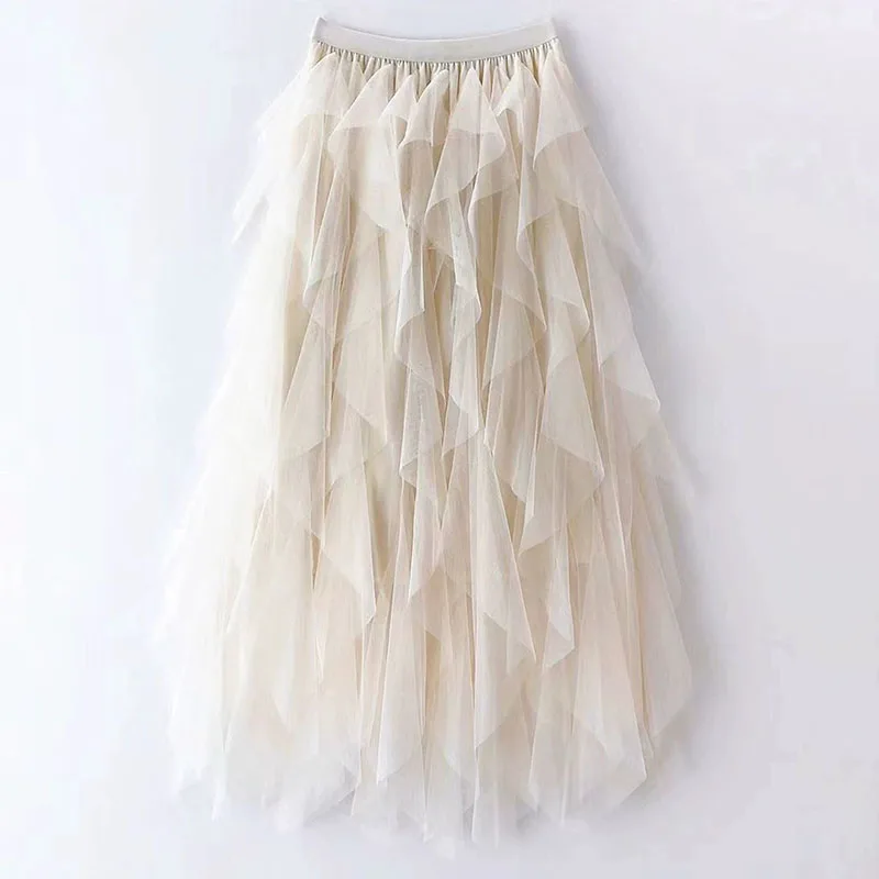 Jupe longue en maille plissée taille haute pour femmes, couleur unie, à volants irréguliers, robe de bal, en Tulle, douce et adorable, Tutu, jupe trapèze