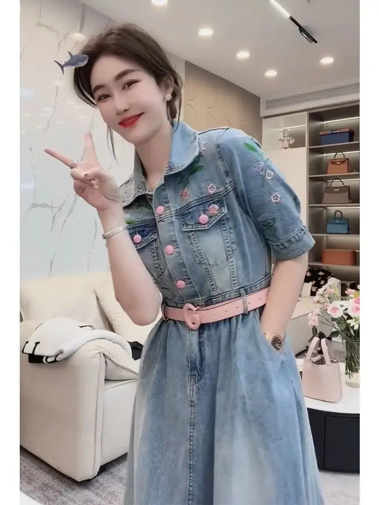 

Embroidered Denim Dress For Women Summer Mid Length Dresses Summer One-piece Dress Women's Dress Fashion Summer Dresses 2024