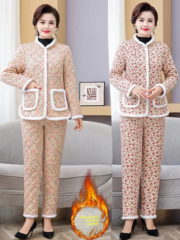 

Floral Print Thiened Fce Lined Cotton Jaet And Pants Two Piece Set for Women Home Wear Winter Warm Stand Collar Clothes
