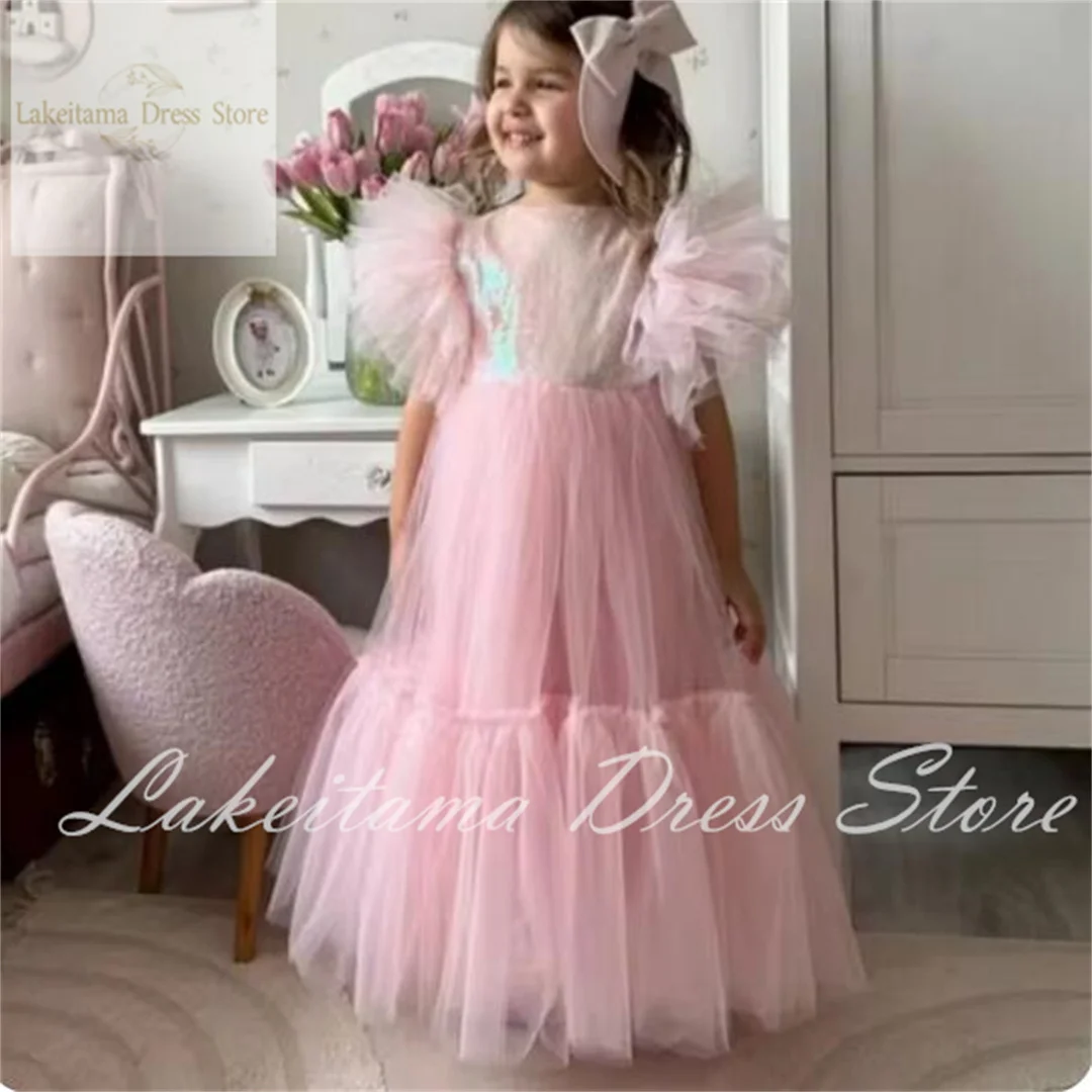 Flower Girl Dresses Tulle Puffy Sequin Short Sleeve For Wedding Birthday Party Banquet Holy Communion Gowns