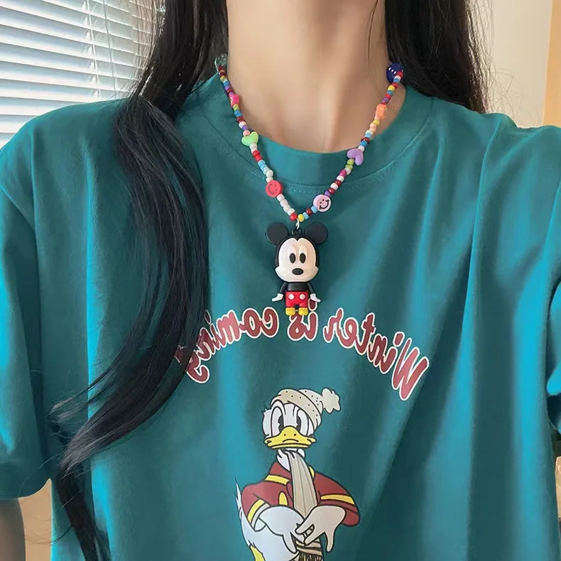 New Disney Beaded Necklace Mickey Mouse Cartoon Figure Rainbow Beadeds Collarbone Chain Hip Hop Niche Design Accessory Toy Gifts