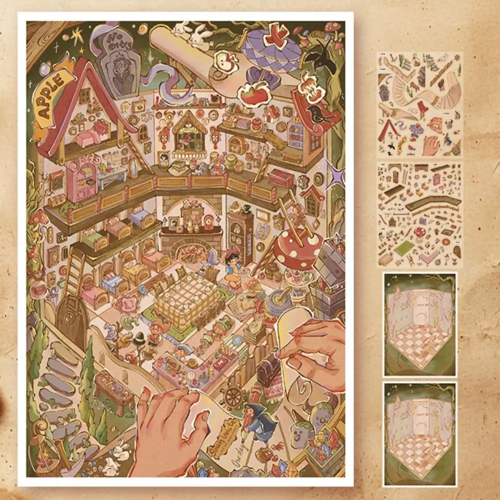3D Fairy Tale Castle Sticker 2 Themes Fairy Tale World 3D Landscape Sticker Removable PET Miniature Scene Collage