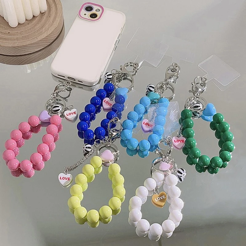 Korean Cute Love Heart Beaded Colorful Sweet Phone Bracelet For Phone Women Accessories Anti-Lost Chain Lanyard Hanging Cord