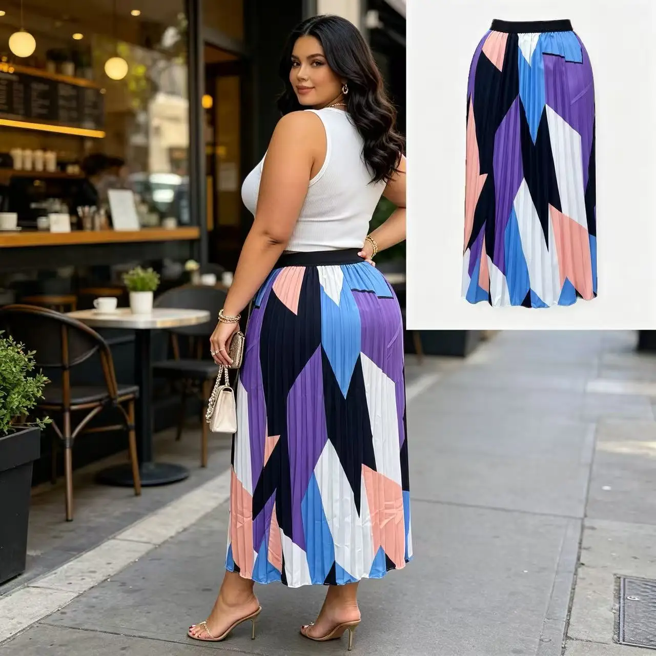 plus Size Women's Trendy Geometric Patchwork Printed Skirt New Cross-border Fashion for Curvy Ladies