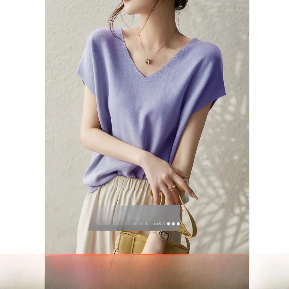 プラスサイズの女性用Tシャツ、アイスシルクニット、オーバーサイズ、バットウィングスリーブ、Vネック、ゆったりフィット、夏用トップス、お腹を覆う、通勤用