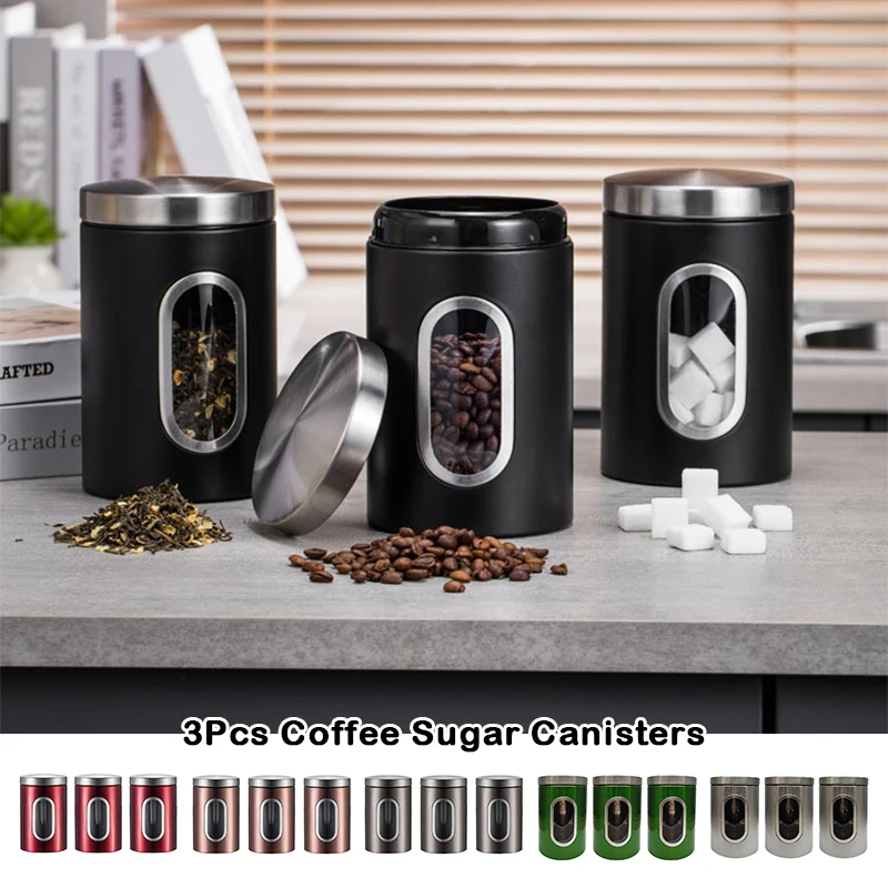 3Pcs/set Tea Coffee Sugar Canisters Storage Kitchen Stainless Steel Containers Kitchen Storage Tea Cans Nut Snacks Sealed