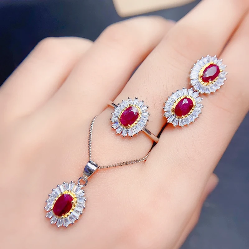 Natural Ruby jewelry sets for women rings earrings pendant silver 925  luxury gem stones 18k gold plated free shiping items