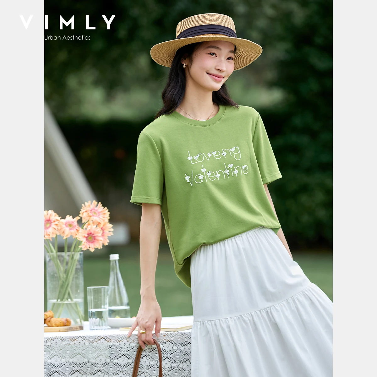 

VIMLY Green T-shirts Woman Letter Embroidered Loose Women's Summer 2025 Casual Round Neck Knitted Female Short Sleeve Tops A1775