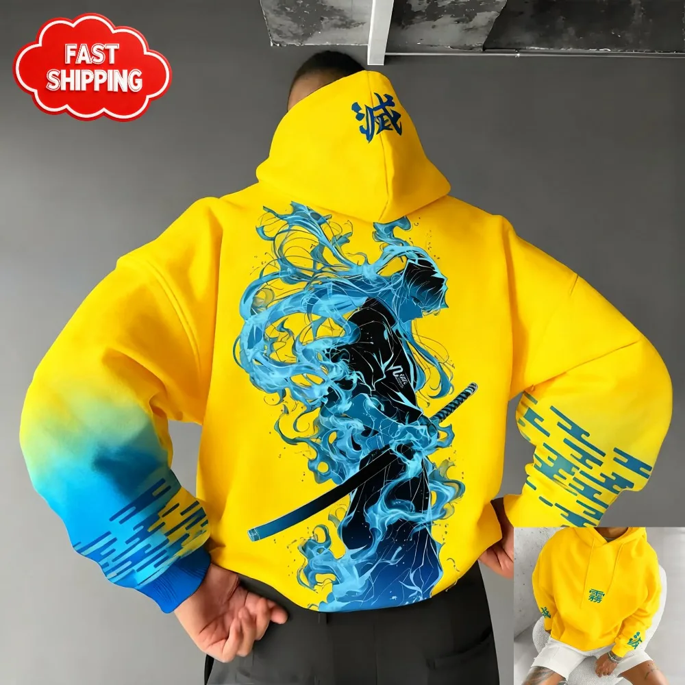 Bluza Kimetsu no Yaiba Demon Slayer Anime Niebieski Wzór Płomienia Męska Damska Bawełniana Oversize Luźny Krój Wygodna Odzież Uliczna Unisex ​
