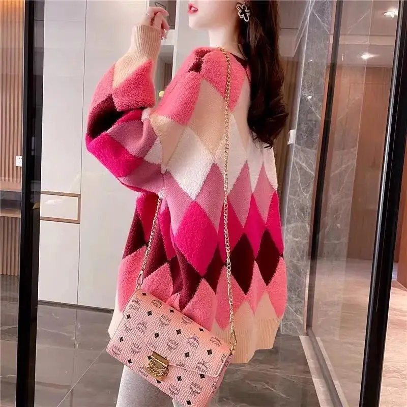 Spring and Autumn Rhombic Contrast Color Sweater Coat Women\'s Loose and Lazy Knitted Cardigan Top Women\'s Fashionable Outwear