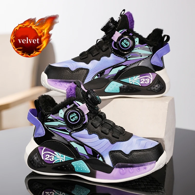 

Hot Sale Fur Kids Basketball Shoes Winter Rotary Buckle High Top Basketball Sneakers Boys Outdoor Warm Children's Sports Shoes
