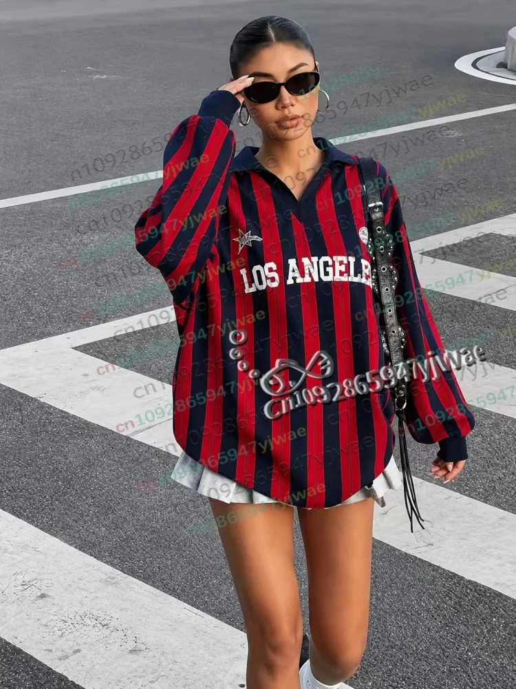 Damen Casual Gestreiftes Los Angeles Sportliches Polokragen-Langarm-T-Shirt, Oversize Streetwear, Herbst Damenbekleidung – Detail 5