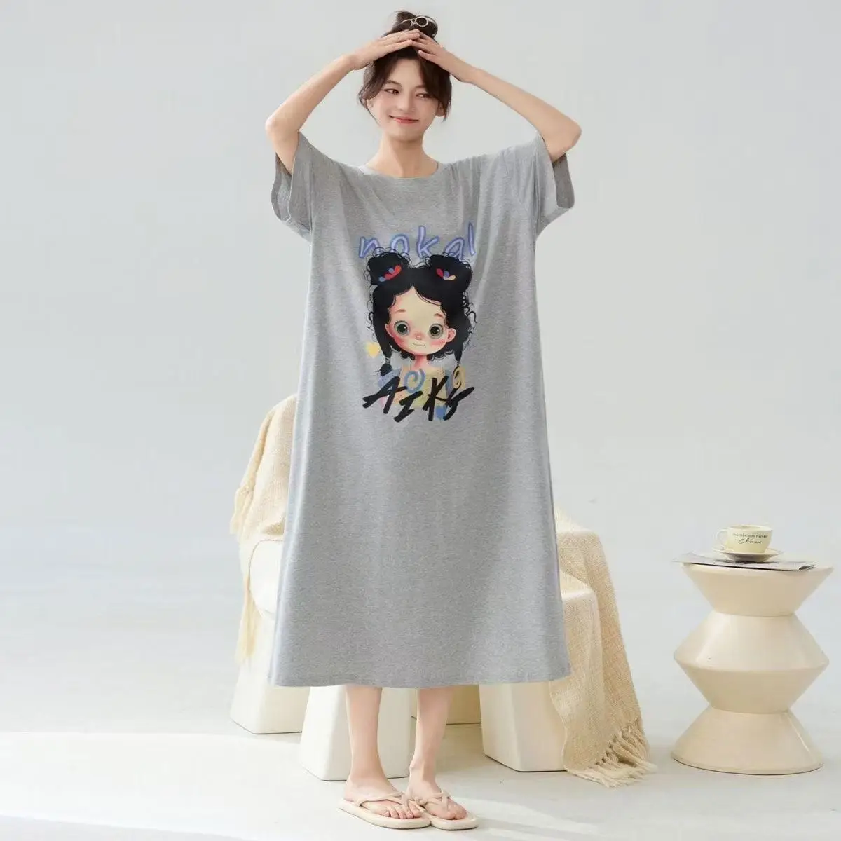 

Loose Mid-Length T-Shirt Skirt with Slits Short Sleeve Korean Style Casual Wear Polyester Fiber Straight Tube Dress