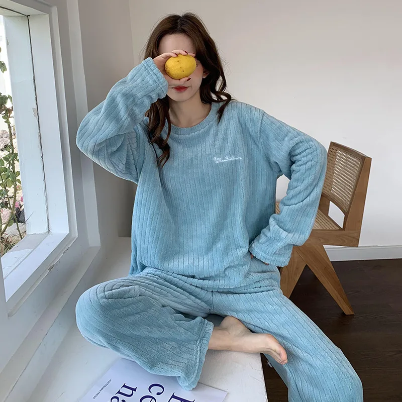 Autumn Winter Women Thicken Coral Fleece Pajamas Set Solid Warm 2 Piece Sets Pullover Pants Casual Long Sleeve Home Service Suit