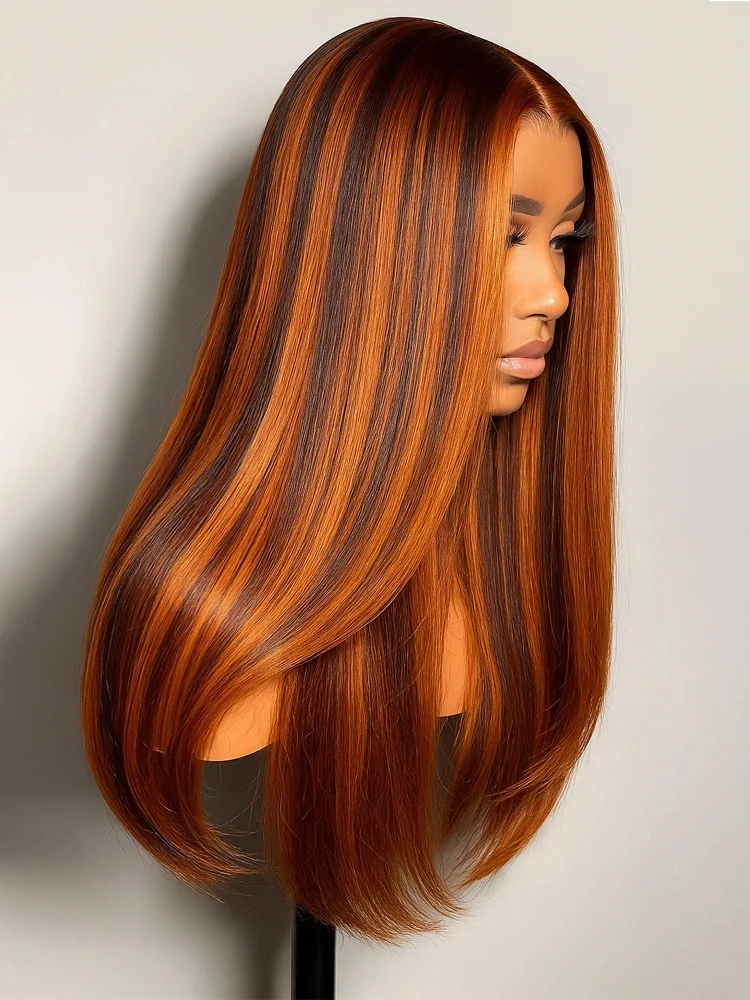 

Имбирно-коричневые парики из человеческих волос, прямые бесклеевые волосы Wear And Go Pre Cut 5x5, кружевная застежка, мелирование, 4/350, цветной парик, предварительно выщипанный