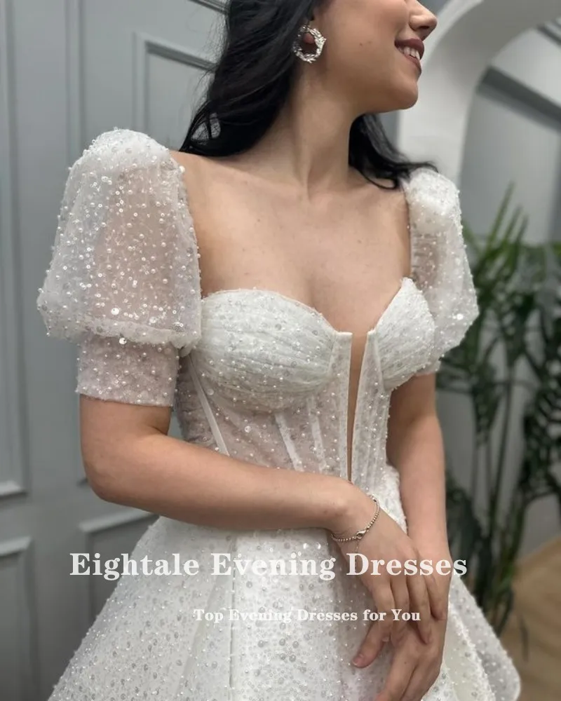 Vestido de noche brillante de Eightale, vestidos de fiesta de lentejuelas blancas de manga corta, vestidos de fiesta de boda cortos personalizados de corte A