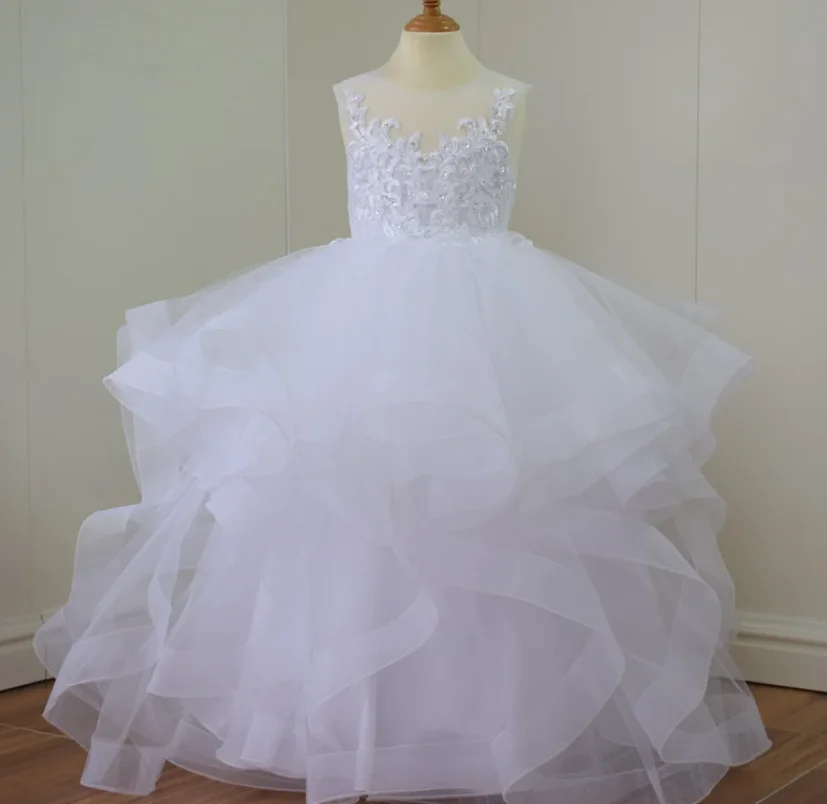 Beauty Flower Girl Dresses White Lace Appliques Floral Princess Pageant Gowns Ball Gown First Communion Dresses