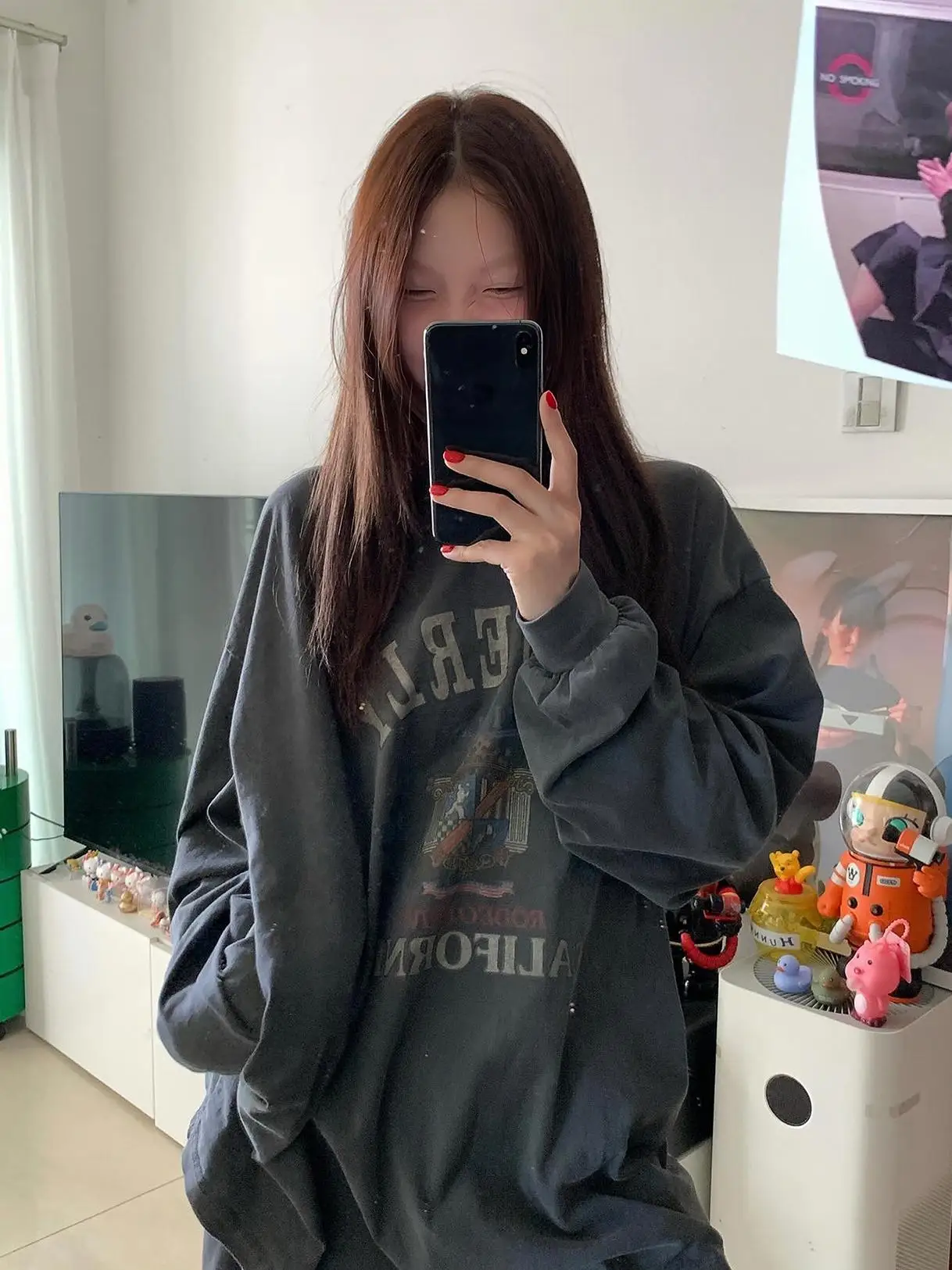 Sakura American Campus Print Loose Long Sleeve Sweatshirt T-Shirt Lazy Deep Grey Pure Cotton Top Women Casual Style round Neck