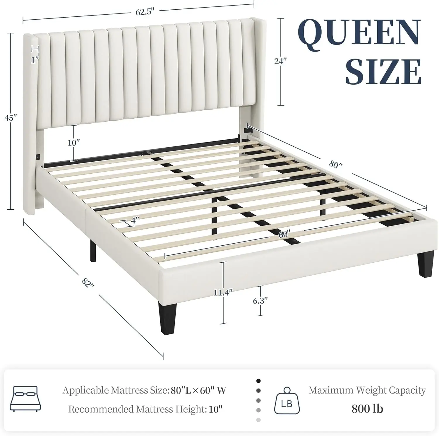 

Queen Bed Frame Upholstered Platform Bed with Fabric Headboard Wing Edge Design/Non-Slip and Noise-Free/Wooden Slats Support