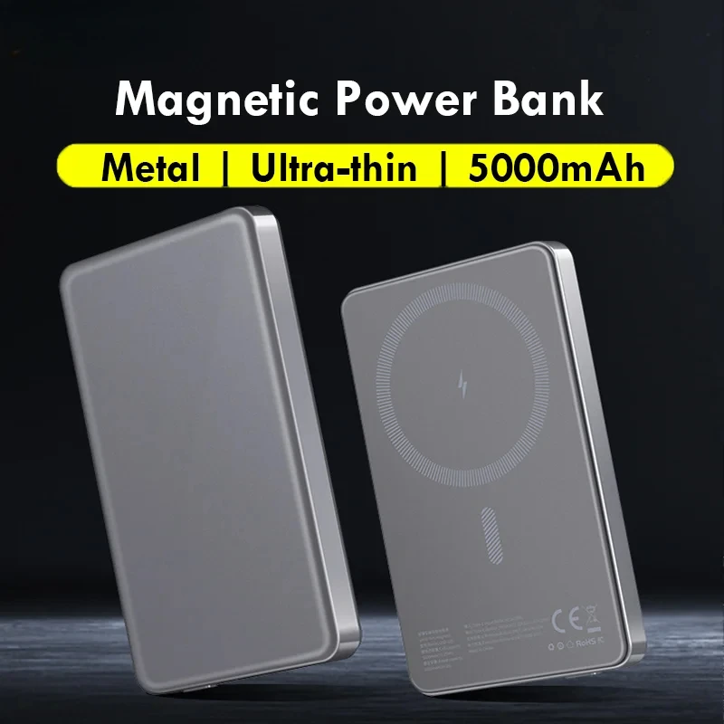 

5000mAh Ultra-Thin Metal Magnetic Wireless Power Bank Portable Fast Charger Type-C External Backup Battery for iPhone Samsung