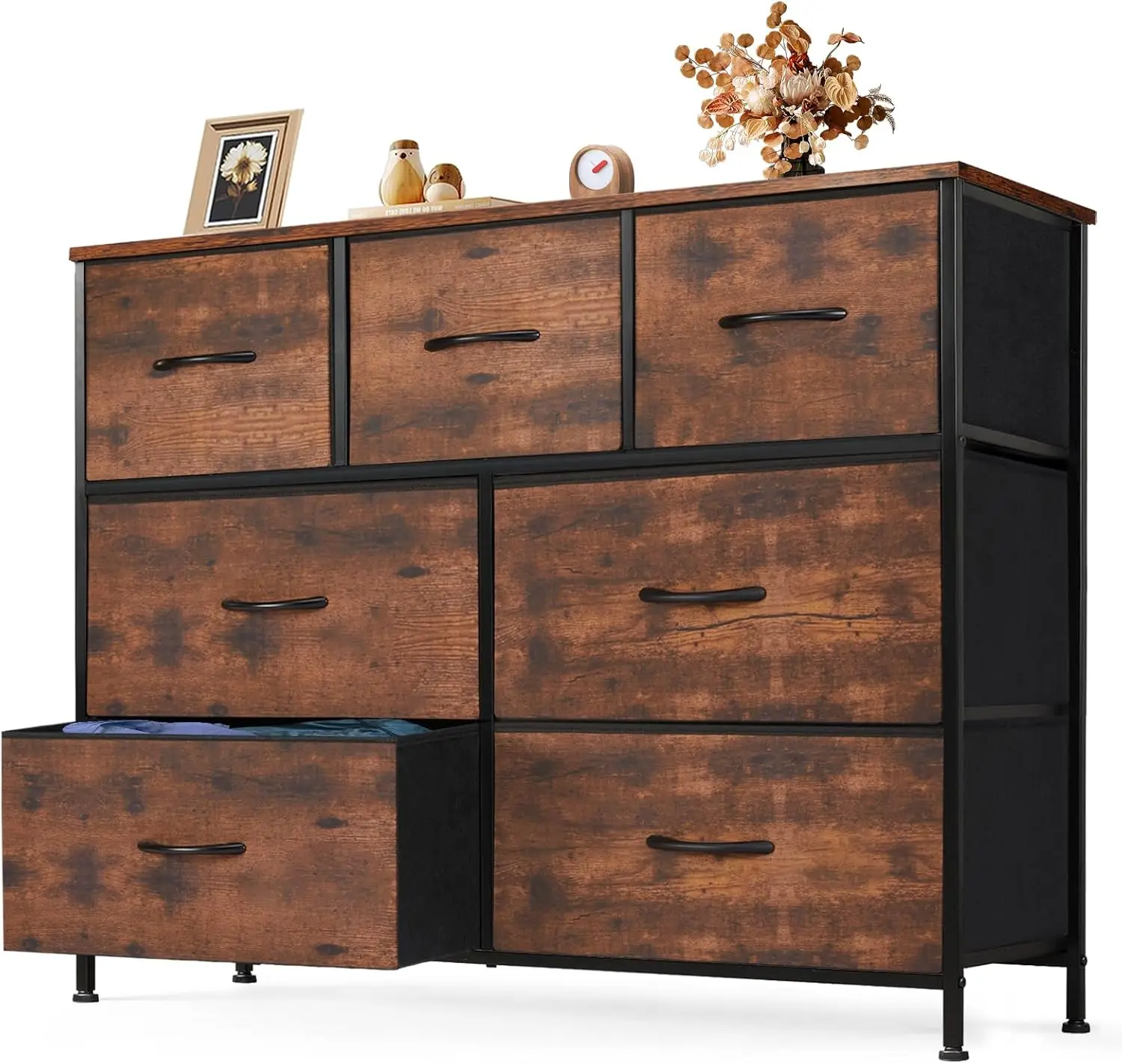 

Fabric Storage Tower Dresser with 7 Drawers TV Stand Organizer Sturdy Steel Frame Wood Top for Closet Bedroom Hallway,Brown