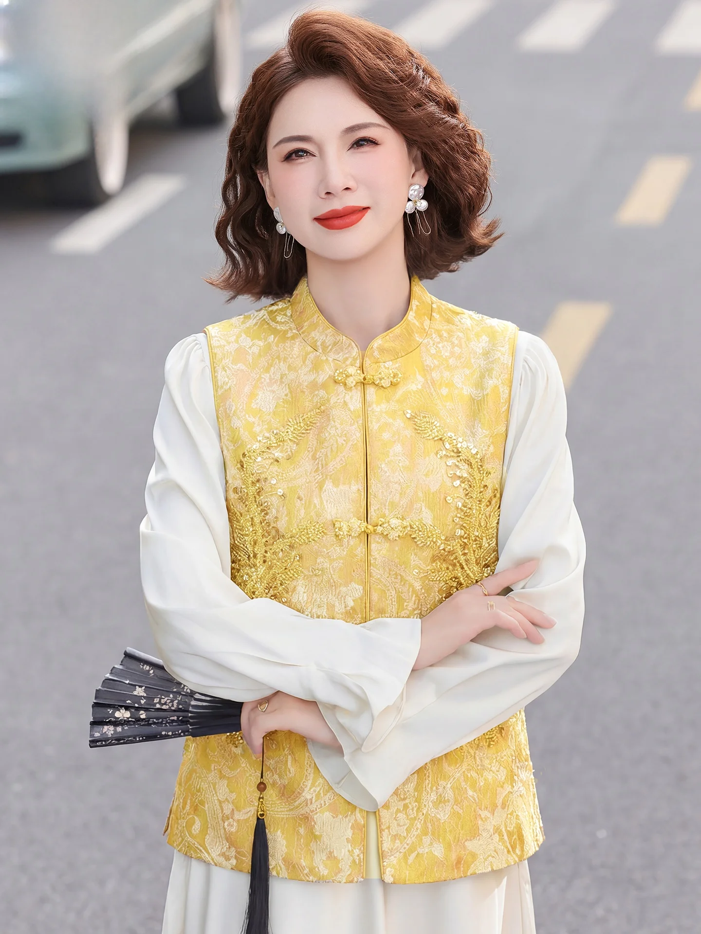 

Romon High End Mom Spring Fashion Short Sleeveless Embroidered round Neck Open Cardigan Mid-Aged Women Spring Autumn Outerwear