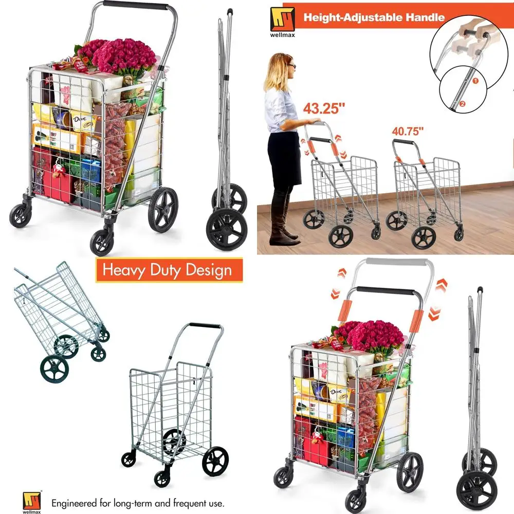 

Heavy-Duty Steel Folding Cart with Large Basket, Adjustable Handle, Swivel Wheels, 90 lb Capacity