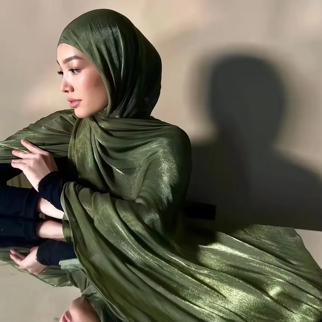 Effen Shimmer Zijden Sjaal Sjaal Zacht Satijn Crêpe Hijab Vrouwen Moslim Hoofddoek Licht Gewicht Malaysia Sjaal Wraps 180*70Cm