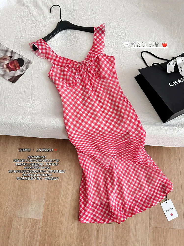 Harajuku Red Mermaid Dress Bow Sleeveless Elegant Sexy Plaid Trumpet Dress Gyaru Square Collar Prom Gown Backless Streetwear Y2K