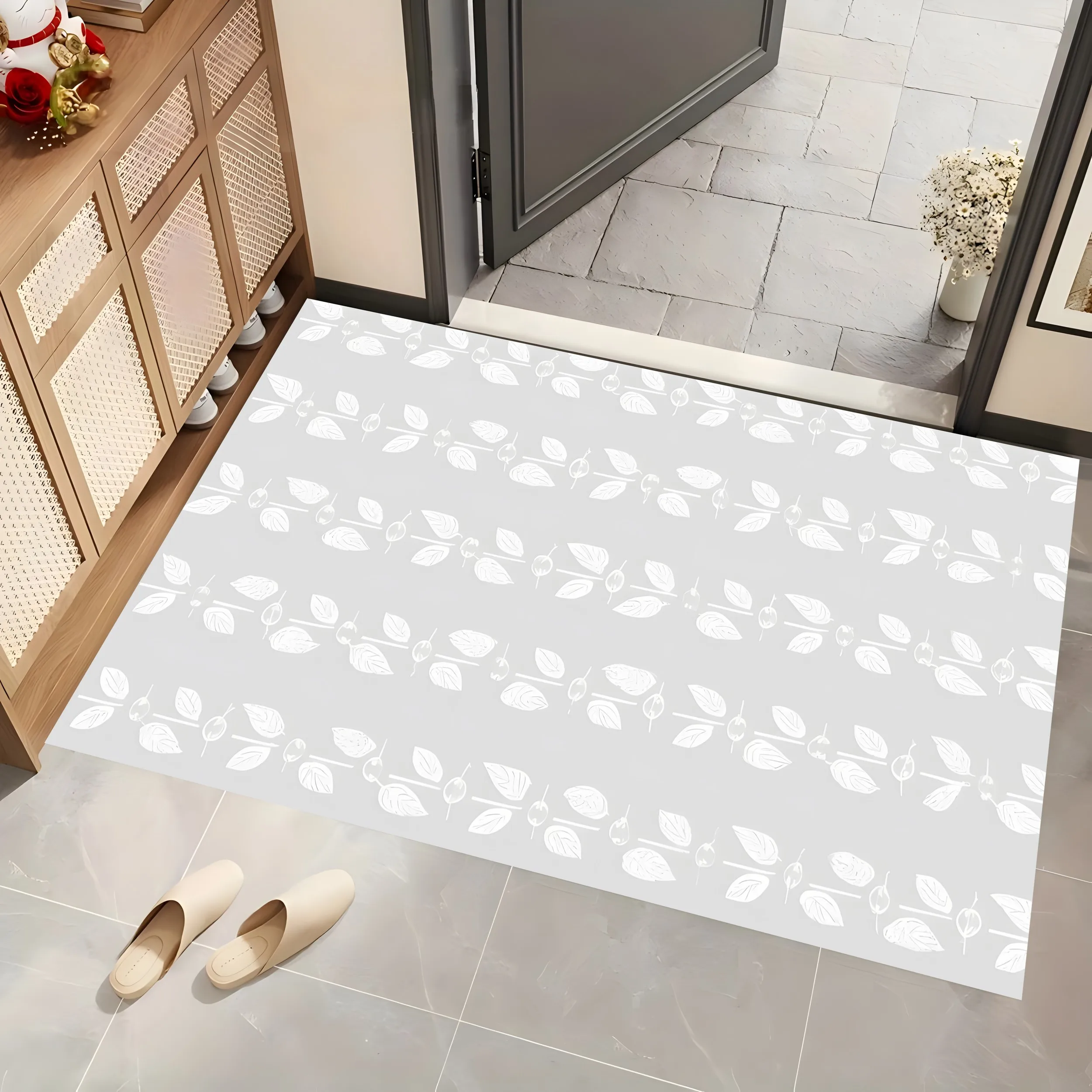 2D Large Rug Light Gray Continuous Leaf Pattern Minimalist Fresh Style Living Room Bedroom Home Decor