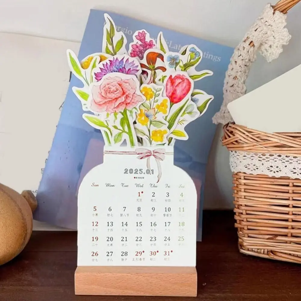 With Base 2025 Desktop Calendar Card Insert Design Paper Craft Floral Desk Calendar Traditional Snake Year Wooden Calendar