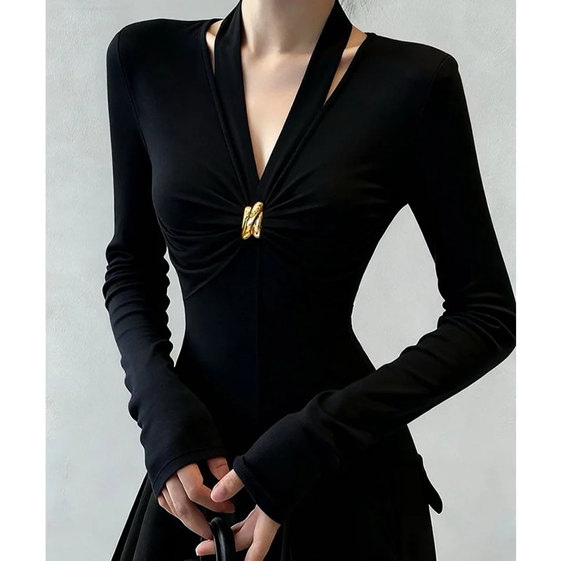 Autumn Winter Trend Sexy Interior Lapping Women Clothing Slim All-match Fashionable Solid Color Pleated V-neck T-Shirts Top Tee