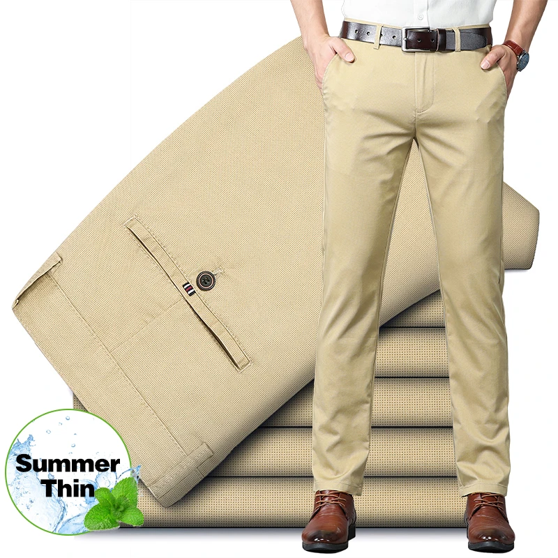 

Spring Summer Thin Men's Business Casual Pants Soft Breathable Fabric Classic Straight Breathable Solid Color Suit Trousers