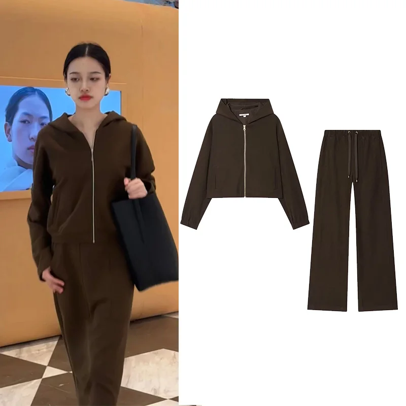 

HipSeam Women High Waist Pants Set Hooded Zipper Pocket Bomber Jacket Wide Leg Trousers with Drawstring Women Outfits