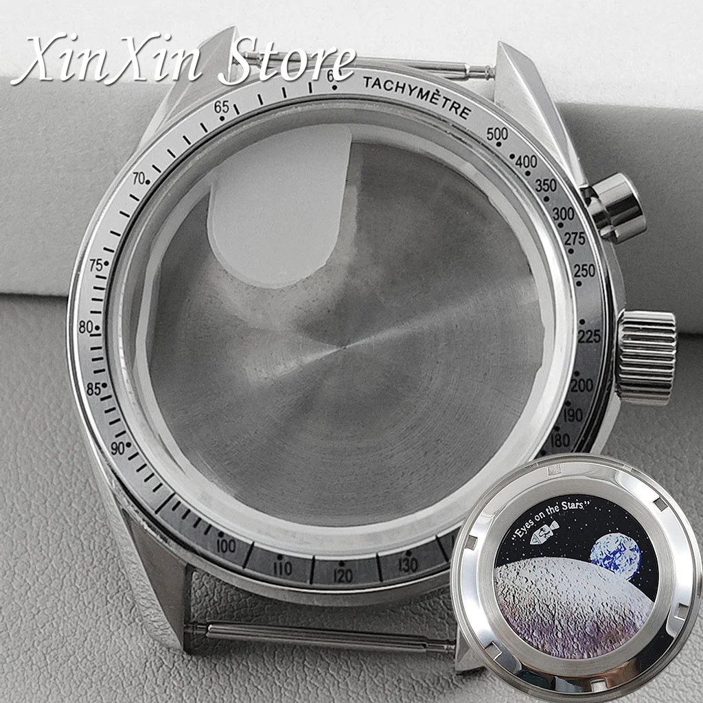 39.7mm Watch Stainless Steel Moon Back Cover Case Chronograph For VK63 VK64 Movement For OMG Watch Parts 20mm Strap Watch Box