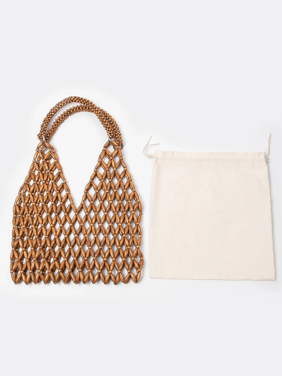 Handtasche aus Ahornholz, europäische und amerikanische gewebte Umhängetasche, Strandtasche für den Urlaub am Meer, neue Holzperlen-Tasche für Damen – Detail 6