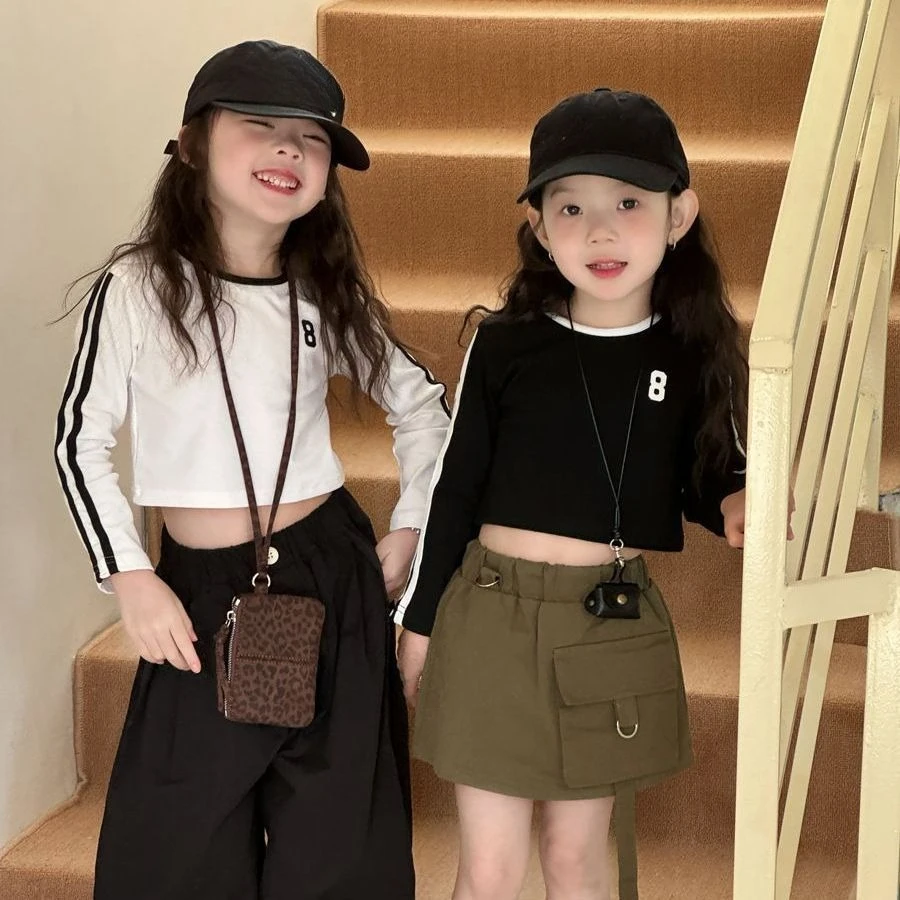 2026 Autumn Girls Slim Fit High Waist Long Sleeve Crop Top T Shirt Casual Outerwear Base Layer Tee