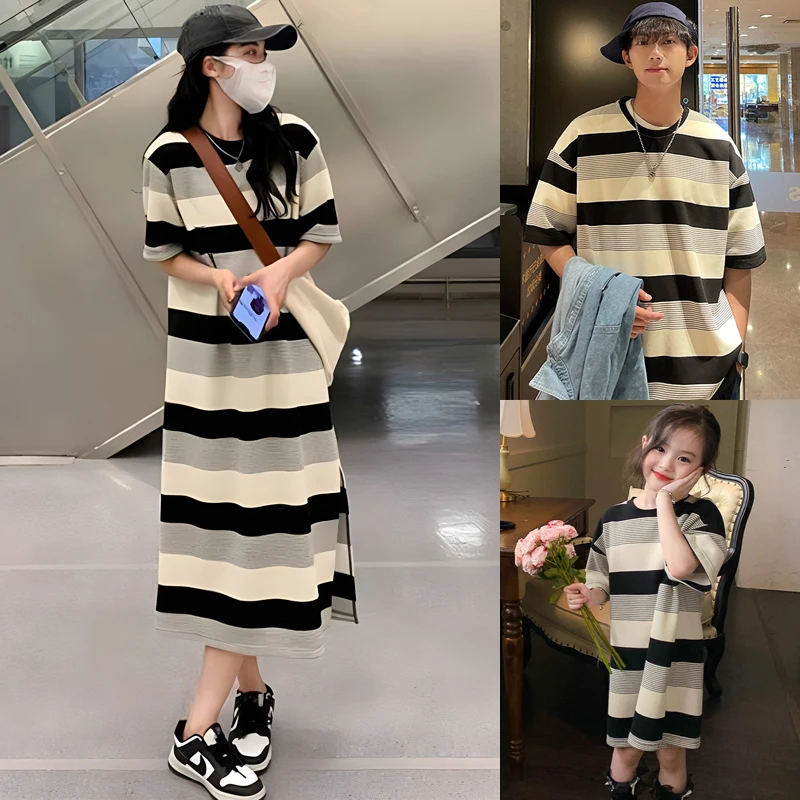 

High-End Street Sle Summer Fly Matching Outfits Mother Daughter Dres Tee-Quarter Sve Cotton Blend Ensemble